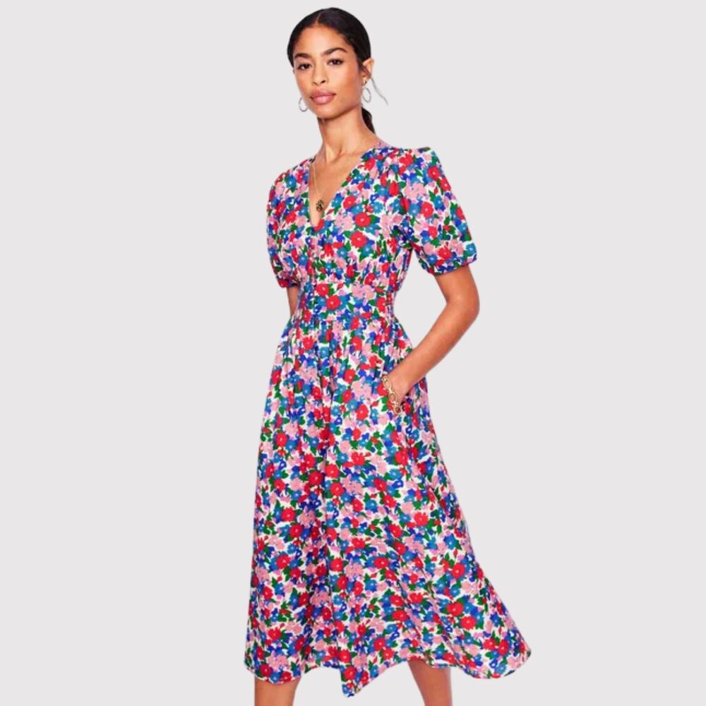 NEW Boden Midi Dress Pink Lillian Cotton Floral V Neck Puff Sleeve Boho US 10